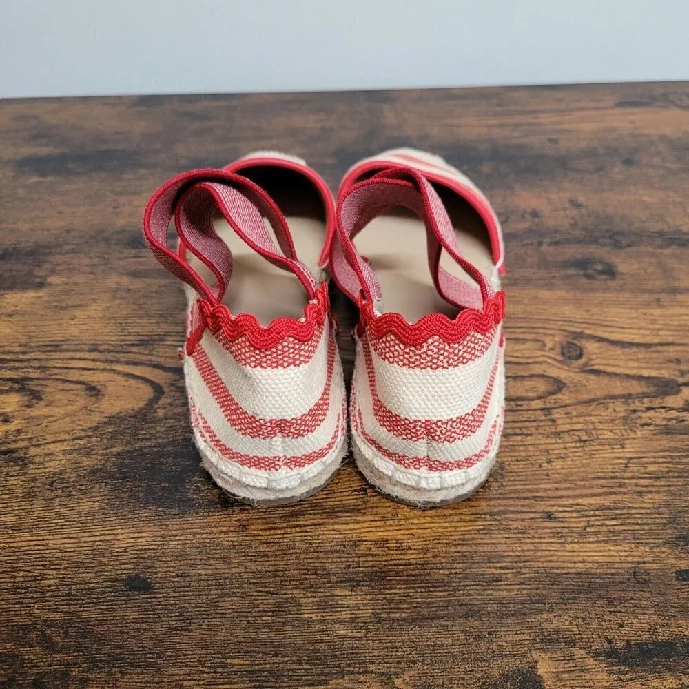 Lands End Womens Espadrille Sandals Red Beige Flat Shoe Summer Travel Size 7
